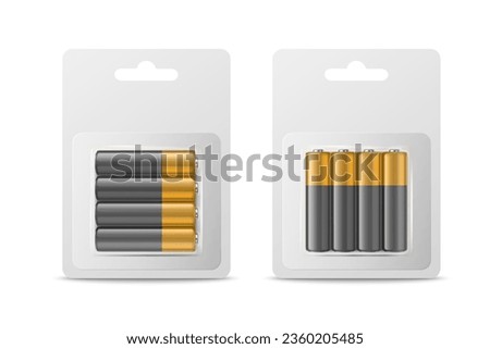 Vector 3d Realistic Four Alkaline Battery in Paper Bliste Icon Set Closeup Isolated. AA Size, Horizontal and Vertical Position. Design Template for Branding, Mockup
