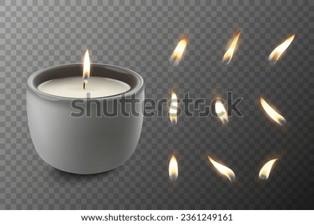 Vector 3d Realistic Paraffin Wax Burning Party, Spa Candle and Burning Flame Set Closeup Isolated. Candle, Candle FlameDesign Template, Front View