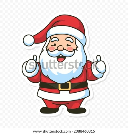 Flat Vector Portrait of Smiling Happy Santa Claus Showing Like Sign with Thumb. Cartoon Christmas Santa Claus Sticker Icon, Isolated Vector Illustration, Front View