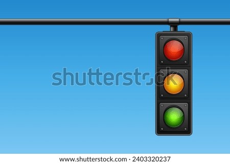 Vector Banner with 3d Realistic Detailed Road Traffic Lights on Blu Sky Background. Safety Rules Concept, Design Template. Stoplight, Traffic Lights Template