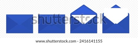 Vector Blue Envelopes with Blank Letter. Folded, Unfolded Isolated Envelope Set. Design Template. Message, Notification, Mailing, Surprise and Congratulations Concept