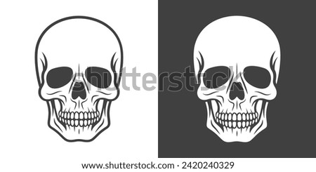 Vector Black and White Skull Icon Set Closeup Isolated. Skulls Collection with Outline, Cut Out Style in Front View. Hand Drawn Skull Head Design Template