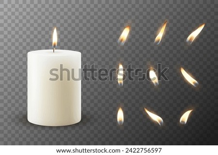 Vector 3D Realistic Paraffin Wax Burning Party Spa Candle and Burning Flame Set Closeup Isolated. Candle, Candle Flame Design Template for Relaxation, Wellness, and Celebration Concept, Front View