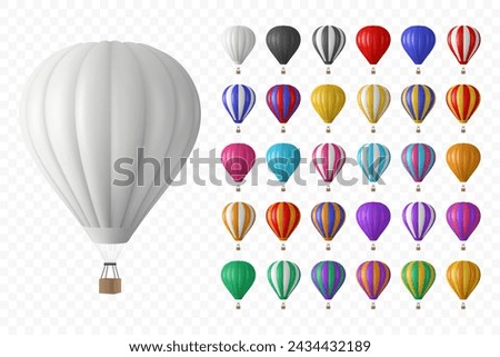 Vector 3d Realistic Hot Air Balloon Icon Set, Isolated. Vector Illustration of an Inflatable Aircraft for Travel, Flight Adventure, Front View. Hot Air Balloons in Different Colors