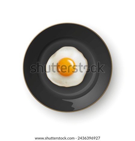 Vector 3d Realistic Fried Egg on a Black Dish Plate Closeup Isolated in Top View. Design Template of Scrambled Eggs, Fried Egg, Omelette. Delicious Breakfast, Food, Culinary Concept