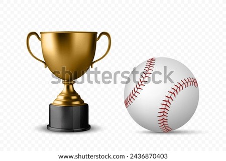 Vector 3d Realistic Metal Yellow Golden Champion Cup and Baseball Set, Isolated. Championship Trophy Design Template for Sports Concept, Front View