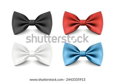 Vector 3D Realistic Red, Black, Blue, White Bow Tie Set Isolated. Silk Glossy Bowtie, Tie Gentleman. Mockup, Design Template of Stylish Bow Tie for Men. Fashion, Father s Day Holiday Concept