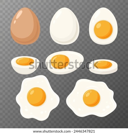 Vector Fried Egg, Sunny-Side-Up and Hard Boiled Egg Set, Closeup, Isolated. Healthy Breakfast, Protein Food Clipart. Whole and Sliced Egg Design Templates