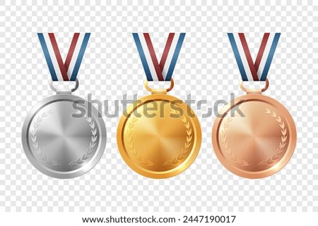 Vector Realistic Blank Golden, Silver, Bronze Award Medal Icon Set, Isolated. Design Template for Certificates, Awards. Front View