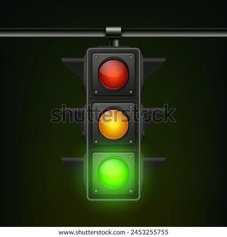 Vector Realistic Hanging Traffic Signal with Green Light. Traffic Light with Glowing Green Prohibiting Signal Isolated on Black Background