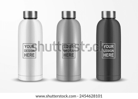 Vector Realistic 3D White, Silver, Black Color Metal Blank Glossy Reusable Water Bottle with Silver Bung Closeup Isolated. Design Template of Packaging Mockup. Front View