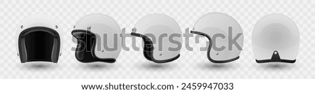 Vector 3d Realistic Blank White Glossy Classic Vintage Open-Face Motorbike Helmet Design Template for Mockup. Front, Side and Back View. Motorcycle Helmet Icon, Closeup, Isolated