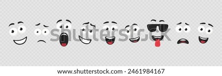 Vector Cartoon Faces Illustrations. Expressive Eyes and Mouth. Funny and Cute character Face Expressions, Icon Set. Caricature Comic Emotions Closeup Isolated.