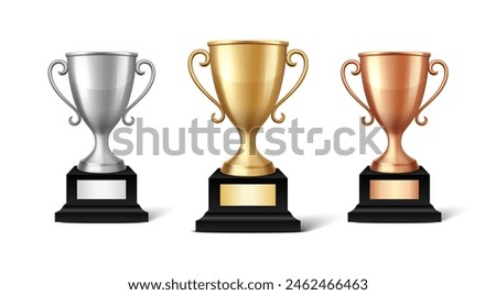 Vector Blank Golden, Silver and Bronze Champion Cup Isolated on White Background. Design Template of Championship Trophy. Sport Tournament Award, Winner Cup and Victory Concept