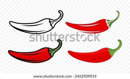 Cartoon Red Hot Chili Pepper Icon Set Closeup, Isolated. Hand Drawn Spicy Chili Pepper, Vector Illustration