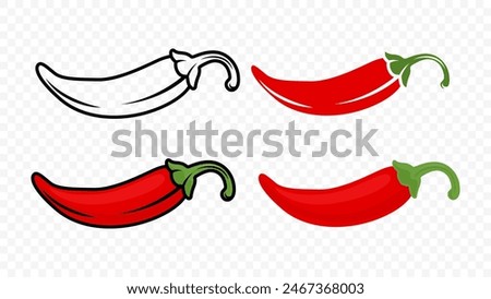 Cartoon Red Hot Chili Pepper Icon Set Closeup, Isolated. Hand Drawn Spicy Chili Pepper, Vector Illustration