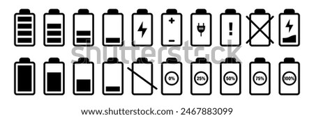 Flat Vector Battery Icons Set. Different Level of Charge. Car or Phone Battery Indicator, Device Battery Charge Signs. Wireless Charging Energy Symbols. Vector Illustration