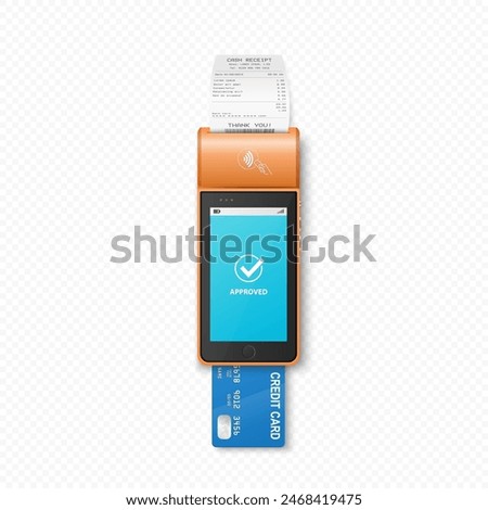 Vector 3D Realistic NFC Payment Terminal with Payment Receipt, Credit Card. Payment Machine - Approved Status. Design Template for Bank Payment Contactless Terminal. Mockup of a POS Terminal. Top View