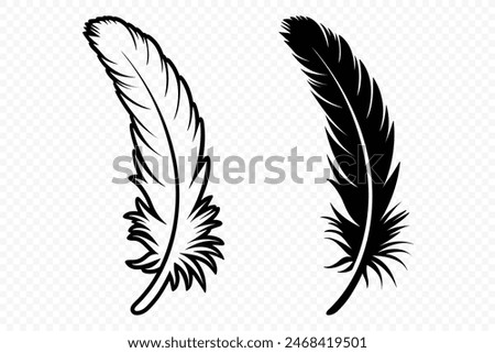 Vector Black and White Fluffy Feather Logo Icons. Silhouette Feather Set Closeup Isolated. Design Template of Flamingo, Angel, Bird Feather. Lightness and Freedom Concept