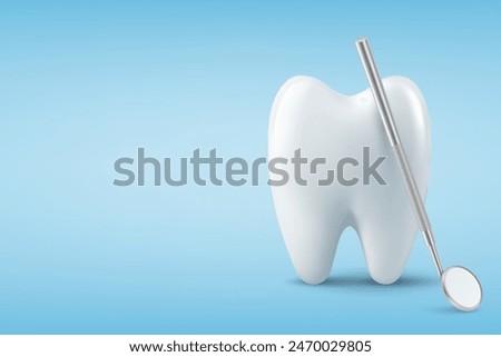 Dental Inspection Banner, Poster. Vector 3d Realistic Dentist Mirror for Teeth with Tooth Icon Closeup on Blue Background. Medical Dentist Tool. Design Template. Dental Health Concept