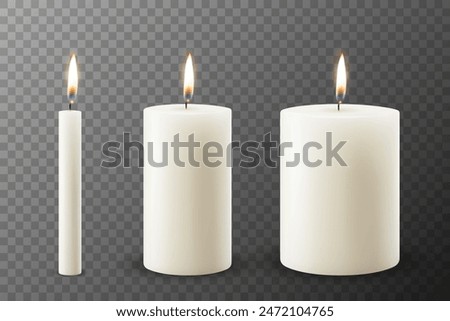 Vector 3D Realistic Paraffin Wax Burning Party Spa Candle and Burning Flame Set Closeup Isolated. Candle, Candle Flame Design Template for Relaxation, Wellness, and Celebration Concept, Front View