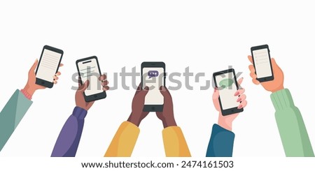 Male and Female Hands Holding Smartphones, Top View. Chat Message Notifications, Mobile Phone Concept. SMS Bubbles on Cell Phone Screen. People Chatting. Flat Vector Illustration