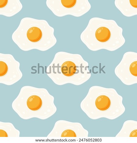 Vector Seamless Pattern with Fried Egg, Sunny-Side-Up on Blue Background. Healthy Breakfast, Protein Food Print