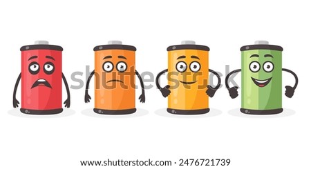 Low Battery and Full Battery Character Set. Funny Battery Characters with Full, Slightly Depleted, Nearly Depleted and Completely Depleted Low Charge. Vector Illustration