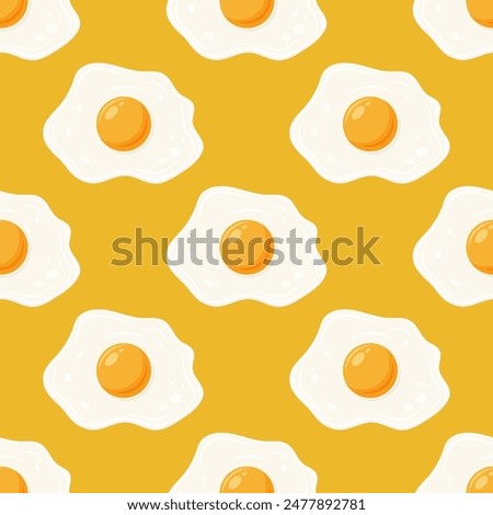 Vector Seamless Pattern with Fried Egg, Sunny-Side-Up on Yellow Background. Healthy Breakfast, Protein Food Print