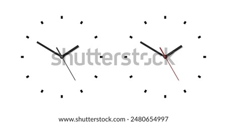 Vector 3d Realistic Wall Office Clock Face Set. White and Black Dial and Clock Hands Closeup Isolated. Design Template. Simple Minimalistic Wall Clocks in Front View