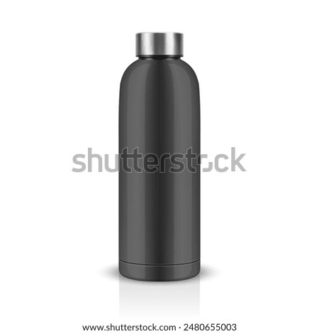 Vector Realistic 3D Black Blank Glossy Reusable Water Bottle with Silver Bung Closeup Isolated. Design Template of Packaging Mockup. Front View