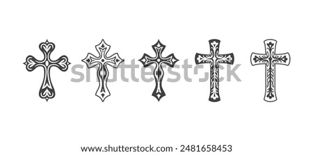 Flat Vector Black Christian Cross Icons Set Isolated on a White Background. Line Silhouette Cut Out Christian Crosses Collection