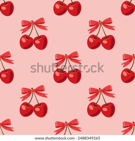 Vector Seamless Pattern with Adorable Cherry Couple and Bow on Pink Background. Cute Cherries for Valentine s Day, Love, Romance Concept