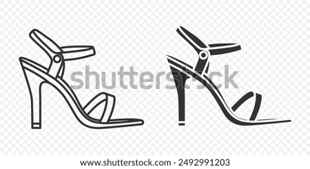 Flat Vector Linear and Silhouette High-heeled Sandals Icon Set Isolated. Footwear Symbol Set, Design Template, Clipart. Vector Illustration