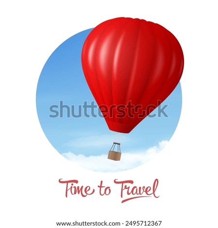 Time to Travel. Vector Banner with 3d Realistic Hot Air Balloon Icon on a Blue Sky Background, Isolated on White. Design Template for Branding. Summer Vacation, Travelling, Tourism and Journey Concept