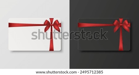 Vector 3D Realistic Blank Gift Card and Gift Certificate Template with Silk Red Ribbon and Satin Bow. Greeting or Sale Card, Isolated. Birthday, Christmas, Party Gifts, Invitation Concept