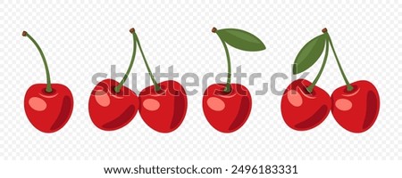 Adorable Cherry Icon Set. Cute Cherries for Valentine s Day, Love, Romance Concept. Design Template for Cards, Decorations, Gifts. Cherry Clipart