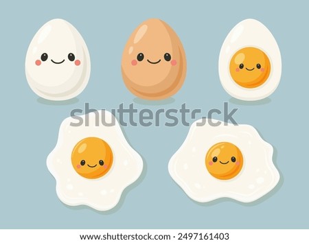 Vector Egg Character Set. Cute Eggs in Kawaii Cartoon Style. Boiled and Fried Egg with Funny Cute Face