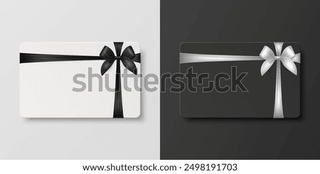 Vector 3D Realistic Blank Gift Card and Gift Certificate Template with Silk White and Black Ribbon and Satin Bow. Greeting or Sale Card, Isolated. Birthday, Christmas, Party Gifts, Invitation Concept