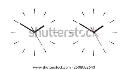 Vector Wall Office Clock Face Set. Black and White Dial, Clock Hands Closeup Isolated. Design Template. Simple Minimalistic Wall Clocks in Front View