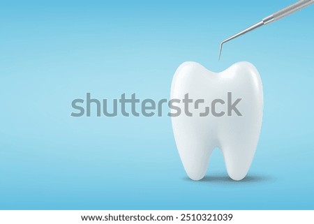 Vector 3d Realistic Tooth and Dental Probe for Teeth Closeup Isolated on Blue Background. Medical Dentist Tool. Design Template, Clipart, Mockup. Dentistry, Healthcare, Hygiene Concept