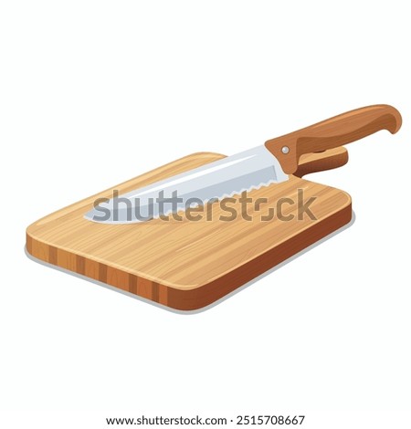 Flat Vector Wooden Cutting Board with Kitchen Knife. Cutting Board Design Template with Knife. Chopping Board and Knife. Cutting Board and Knife Illustration Isolated on White Background