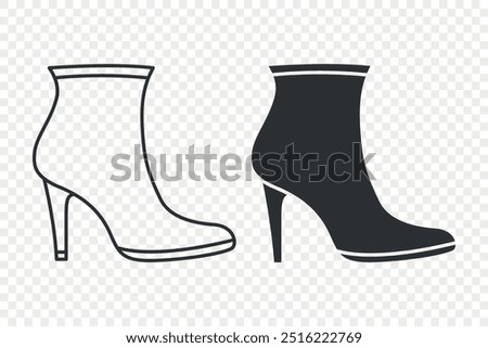 Flat Vector Linear and Silhouette Women s Ankle Boots with Stiletto Heel Icon Set. Fashion Footwear Symbol Collection, Design Template, Clipart. Vector Illustration