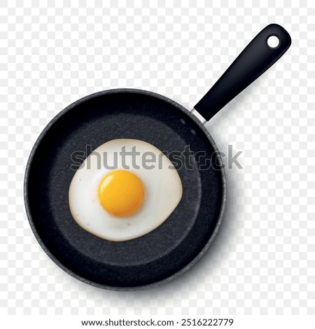 Vector 3d Realistic Fried Egg in the Black Frying Pan, Closeup Isolated, Top View. Design Template of Scrambled Eggs, Fried Egg, Omelette. Delicious Breakfast, Food, Culinary Concept