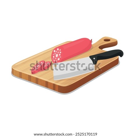 Vector Flat Cutting Board with Sliced Sausage and Chefs Knife. Colorful Cartoon Style Illustration of Sausage with Butcher Knife. Flat Meat Cutting Board, Sausage Slices and Knife Design