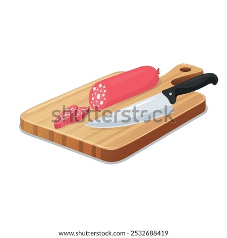 Vector Flat Cutting Board with Sliced Sausage and Chefs Knife. Colorful Cartoon Style Illustration of Sausage with Butcher Knife. Flat Meat Cutting Board, Sausage Slices and Knife Design