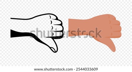 Flat Vector Cartoon Hand Gesture Showing Thumbs Down. Thumbs Down Icon for Social Media, Reactions, Feedback. Minimalist Thumbs Down Symbol with Line Art and Color Variations for Thumbs Down Templates