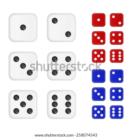 Set of dices in three different colors. Vector EPS10 illustration. 
