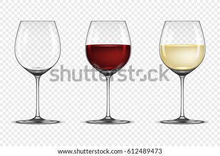 Vector realistic wineglass icon set - empty, with white and red wine, isolated on transparent background. Design template in EPS10.