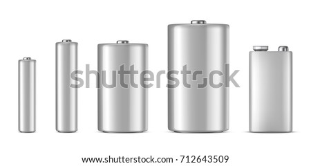 Vector realistic white alkaline batteriy icon set. Diffrent size - AAA, AA, C, D, PP3. Design template for branding, mockup. Closeup isolated on white background. Stock vector.